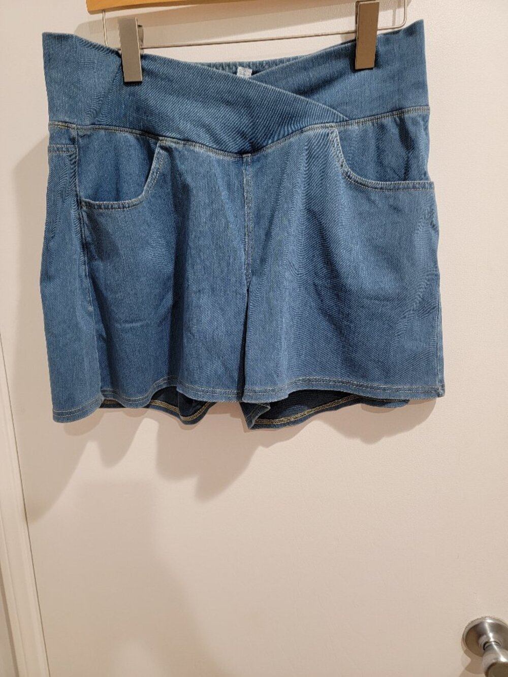 Halara Flex Crossover High Waisted Pockets Wide Leg A Line Washed Denim shorts